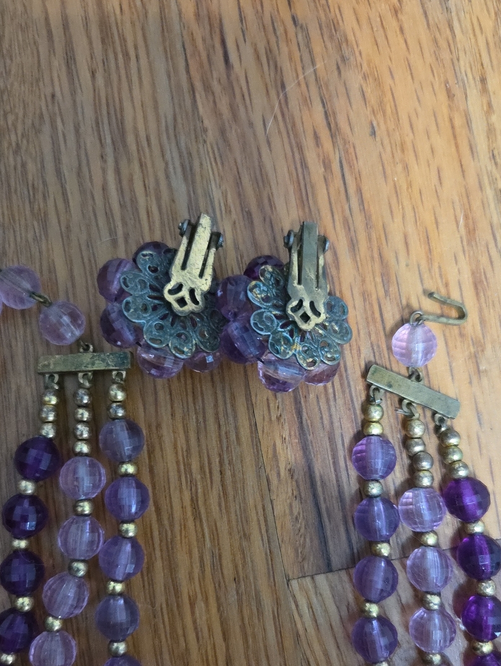 Purple Beaded Statement Necklace, Bracelet, And Clip Earring Set - Picture 2 of 2